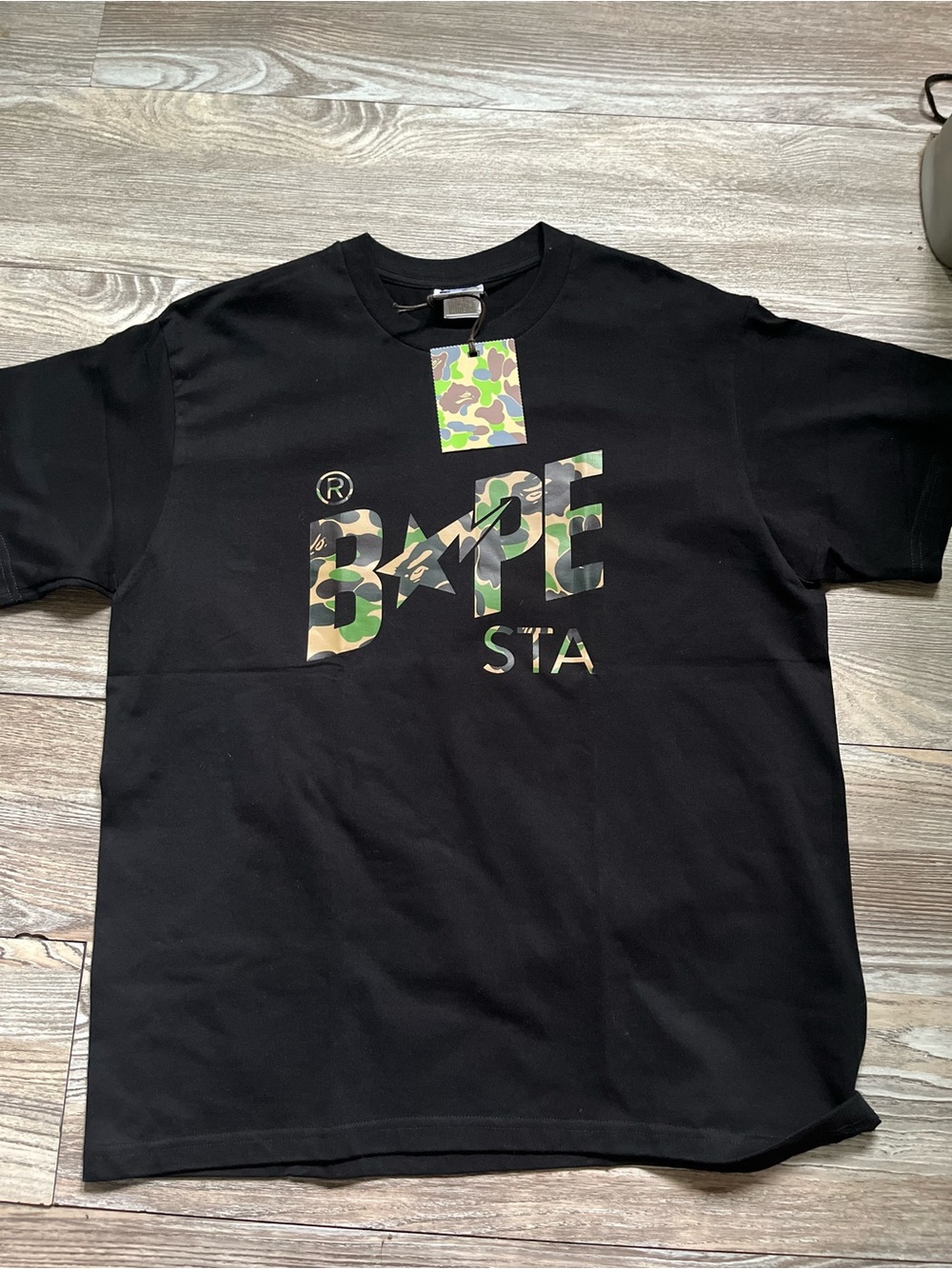 Bape Black T-Shirt with Green Brown Camo BAPE STA Logo